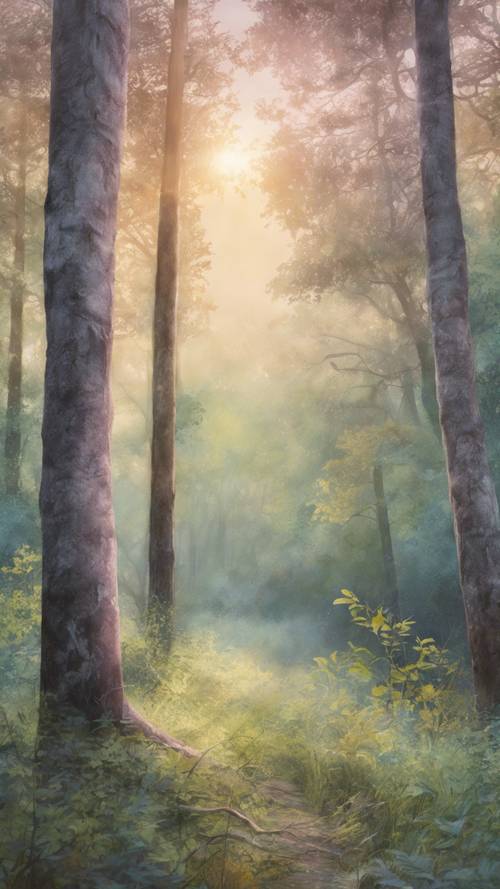 Delikatna pastelowa akwarela przedstawiająca spokojny las o świcie.