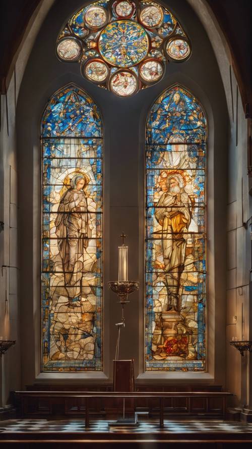 A majestic stained glass window within a quiet church depicting God's creation, bathed in diffused morning light. Tapet [f4acbb8c73e741eeb542]