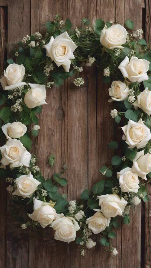 Ein Kranz aus weißen Rosen hängt an einer alten Holztür.