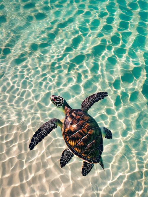 An aerial view of a sea turtle swimming in the clear turquoise waters near a tropical island.
