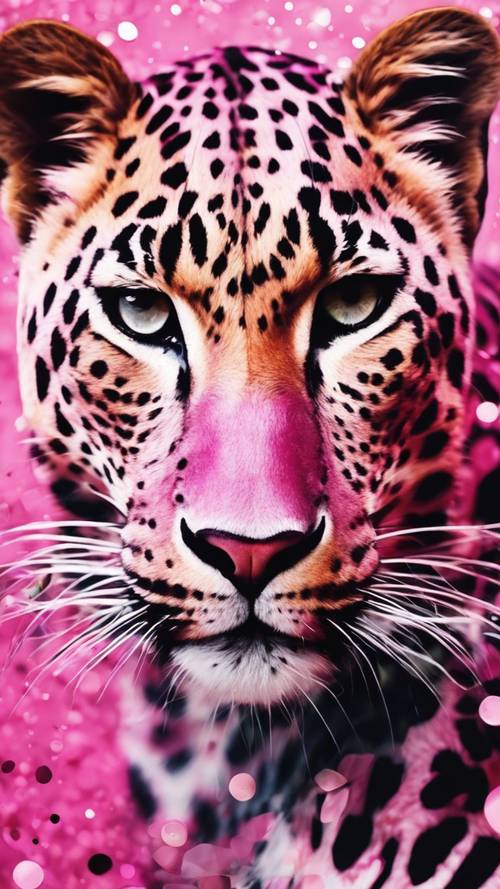 An abstract painting showcasing pink leopard print.