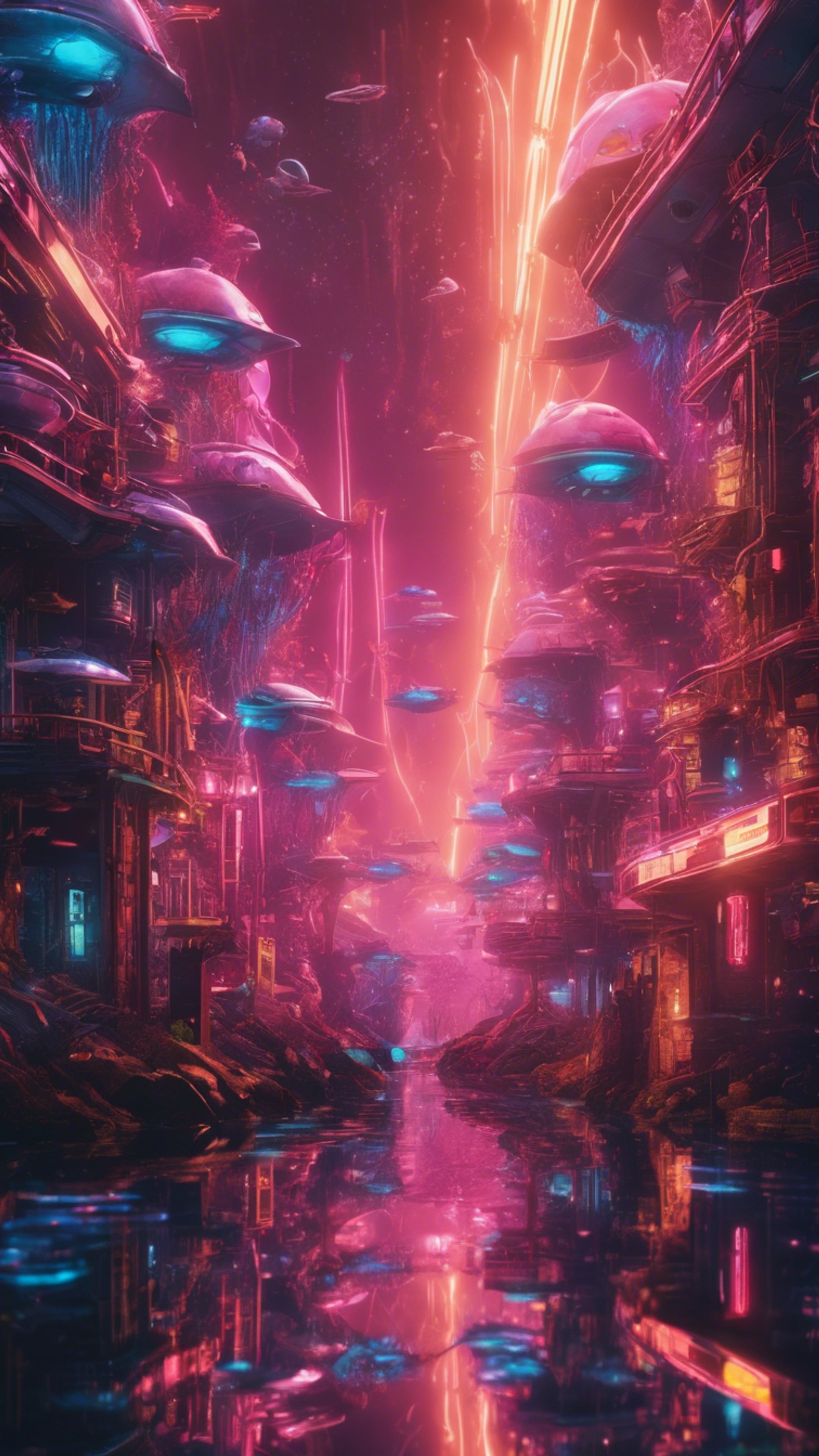 An underwater city illuminated with neon lights, teeming with cybernetic marine life in Y2K style. Tapetai[e8630372f6214fe6b3a7]