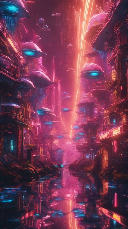 Uma cidade subaquática iluminada com luzes de néon, repleta de vida marinha cibernética no estilo Y2K.