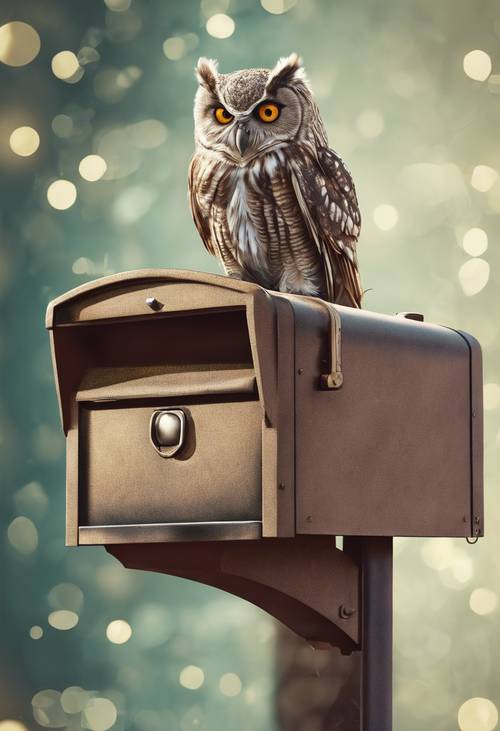 复古明信片插图描绘了一只在邮箱顶上眨眼的酷猫头鹰