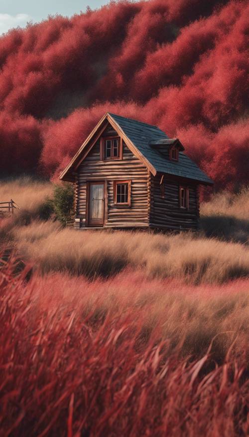 붉은 잔디로 둘러싸인 소박한 나무 오두막입니다.
