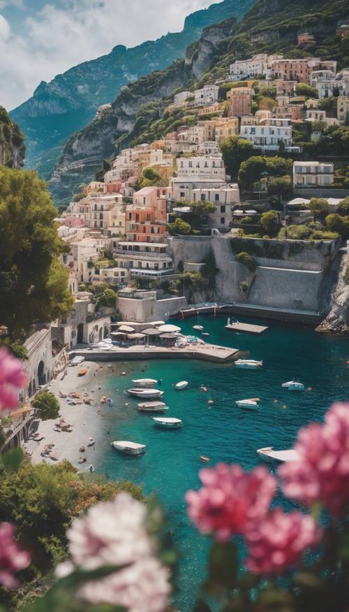 נוף אווירי של חוף אמלפי הציורי באיטליה, המציג את הצבעים התוססים של הים התיכון.