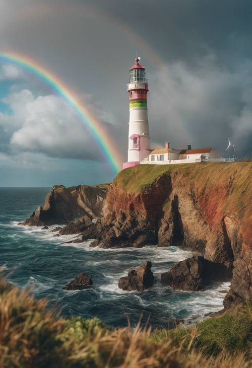 A rainbow appearing next to an iconic lighthouse on a windy, cliff-top shoreline.