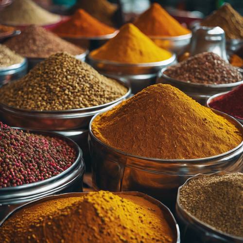 Die leuchtenden Farben der Currygewürze türmen sich auf einem Markt im Nahen Osten.