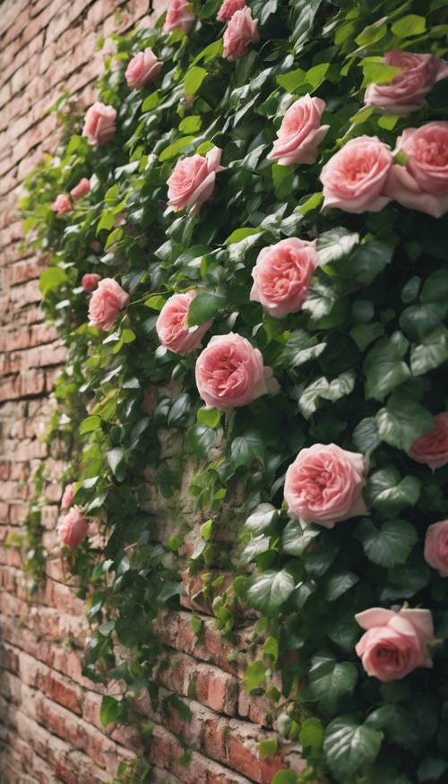 Un muro di mattoni ricoperto di edera primaverile fresca e rose in fiore.