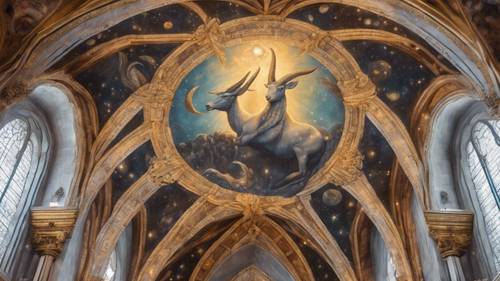 A beautifully painted mural of a Capricorn on a grand cathedral ceiling, radiating heavenly light.