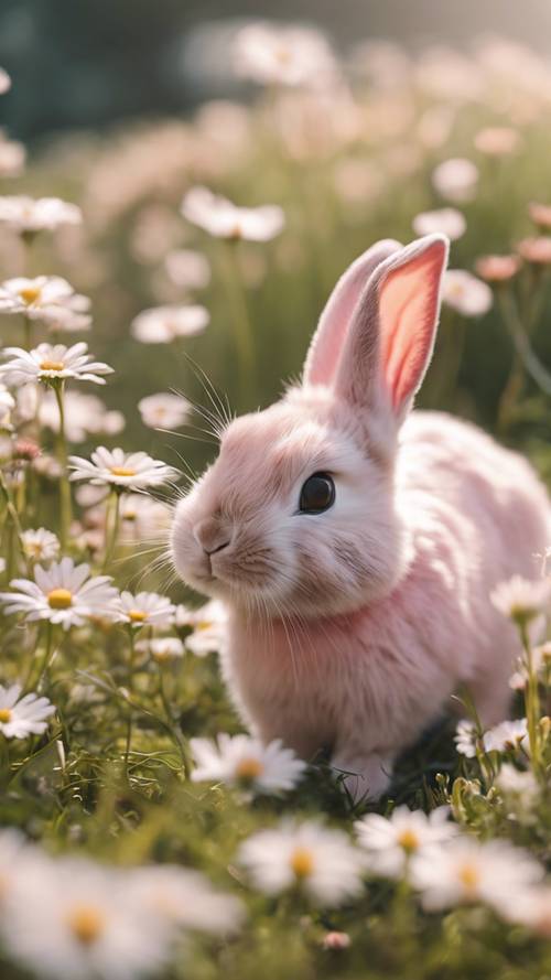 Một đàn thỏ theo phong cách Kawaii màu hồng phấn đang vui vẻ chơi đùa trên cánh đồng hoa cúc.