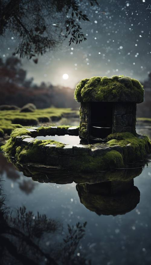 Un antico pozzo di pietra ricoperto di muschio, pieno di acqua nera lucida, che riflette la luce della luna.