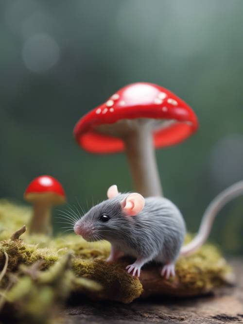 Seni Jepang bergaya kawaii yang menggambarkan seekor tikus kecil berwarna abu-abu pemalu yang meringkuk di bawah jamur merah.