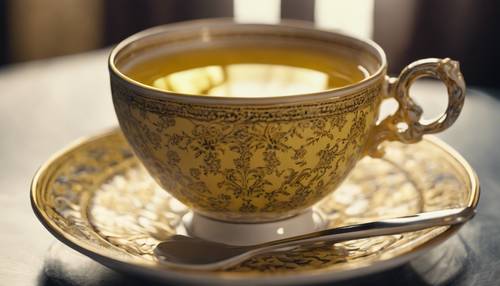 Un motif damassé jaune orné sur une tasse de thé.