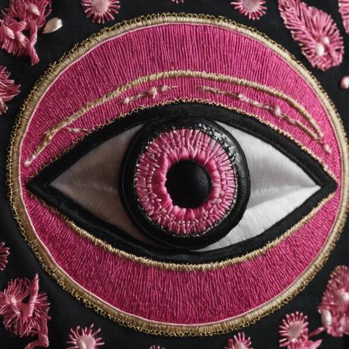 A pink evil eye embroidered on a black fabric.