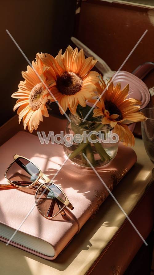 陽光明媚的向日葵和桌上的眼鏡