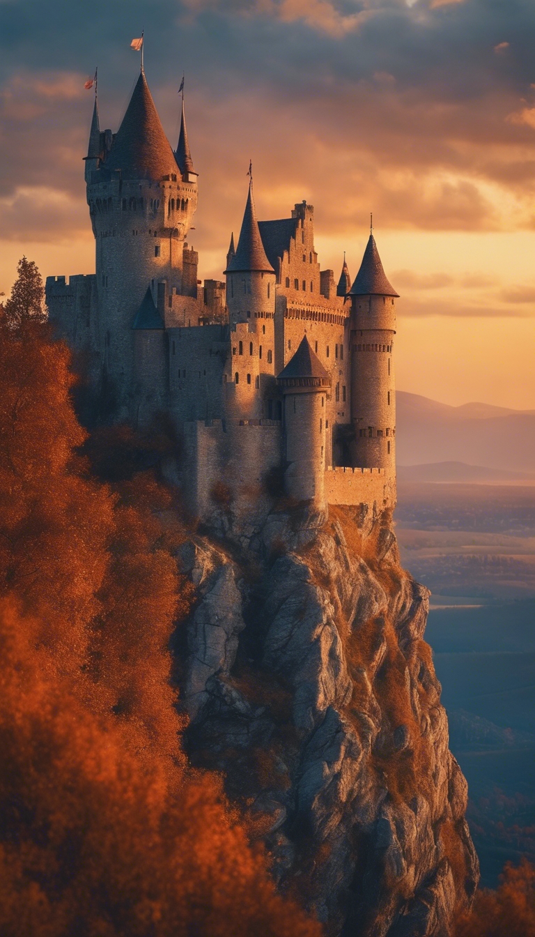A majestic medieval castle made of royal blue stone, standing tall on a steep hill, enclosed by the orange hues of a sunset. Tapet[a171919c9d124104b3c1]