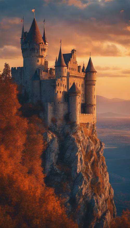 一座雄伟的中世纪城堡，由宝蓝色的石头砌成，矗立在陡峭的山坡上，被夕阳的橙色光芒笼罩着。