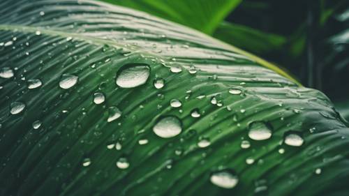 바나나 잎의 복잡한 정맥을 확대하는 빗방울.