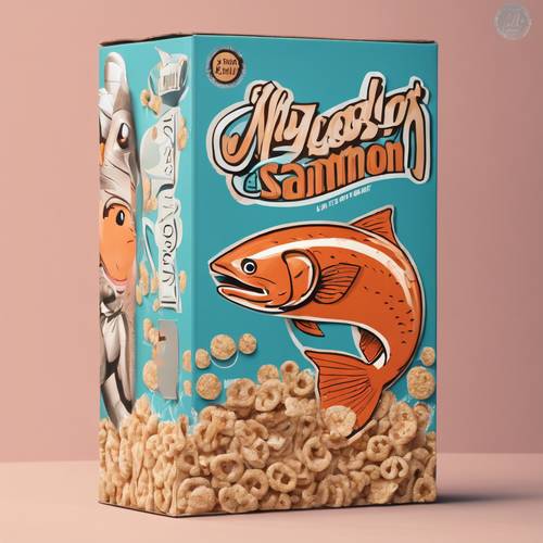 Una scatola di cereali in stile anni &#39;70 con la mascotte del salmone dei cartoni animati