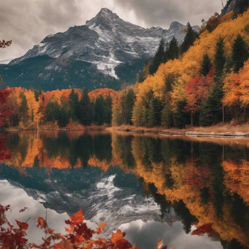 Un reflet serein d’un sommet de montagne orné de feuillage d’automne, se reflétant parfaitement dans les eaux calmes d’un lac alpin.
