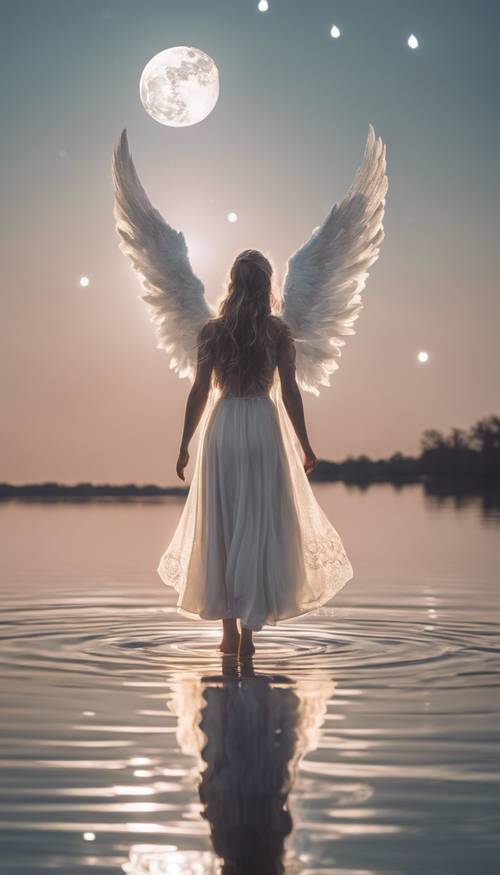 An ethereal, calm angel levitating above a cool, tranquil lake, reflecting the light of the moon.