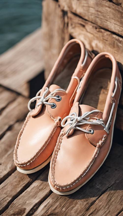 Klasyczne buty żeglarskie typu preppy, wykonane z wysokiej jakości skóry w odcieniach brzoskwiniowym i kremowym, spoczywające na postarzanych drewnianych deskach dokowych.