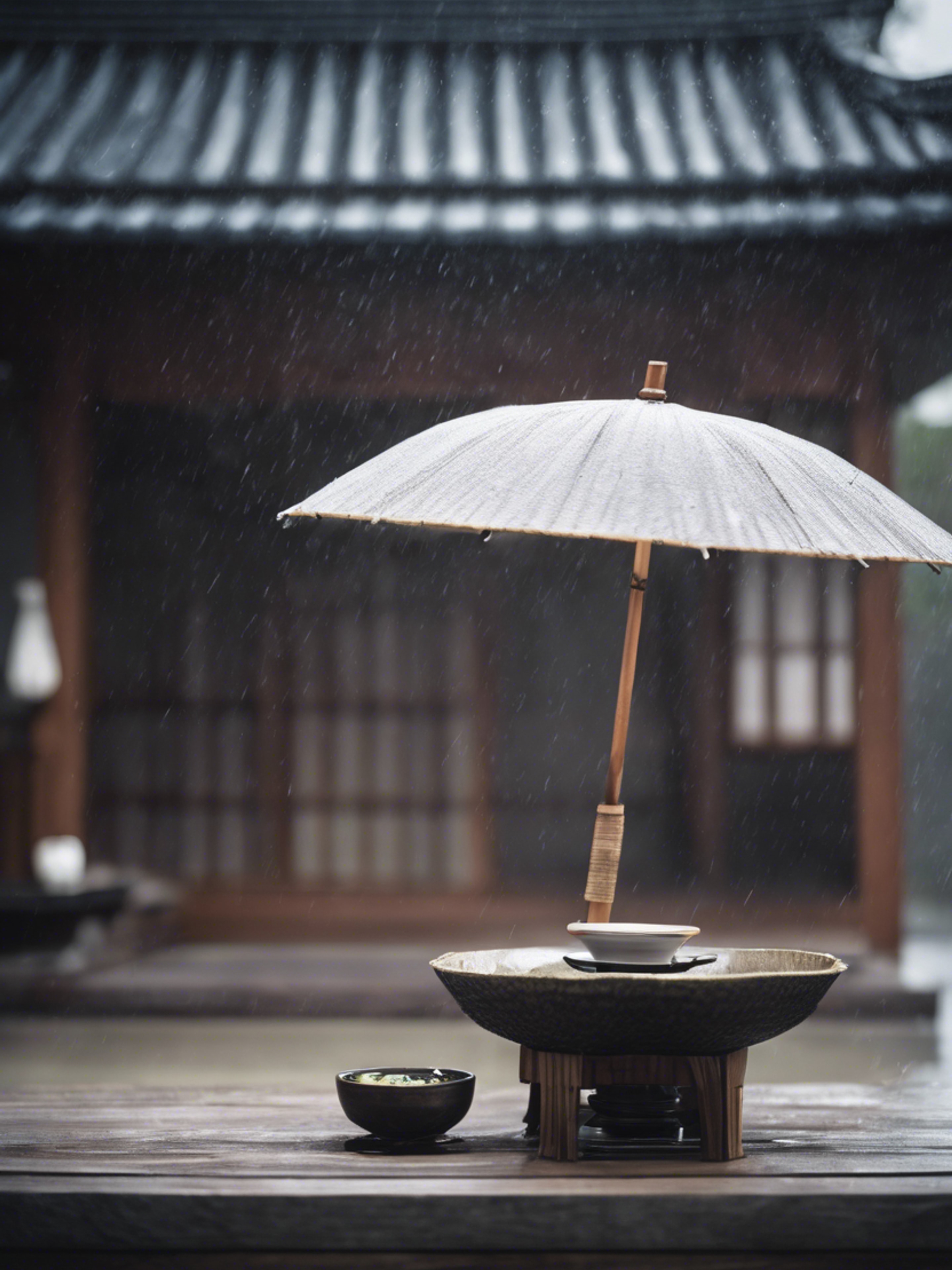 A melancholic depiction of a solo Japanese tea ceremony being performed on a rainy day, by a lone figure under a paper umbrella. Wallpaper[f40b8b46d18548d9b63d]