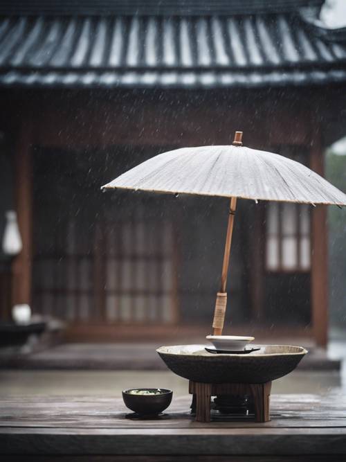 A melancholic depiction of a solo Japanese tea ceremony being performed on a rainy day, by a lone figure under a paper umbrella.