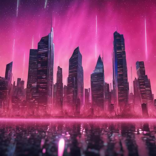 A striking image of a silver city skyline under a pink aurora borealis. Шпалери [a2f15730277843efa33f]