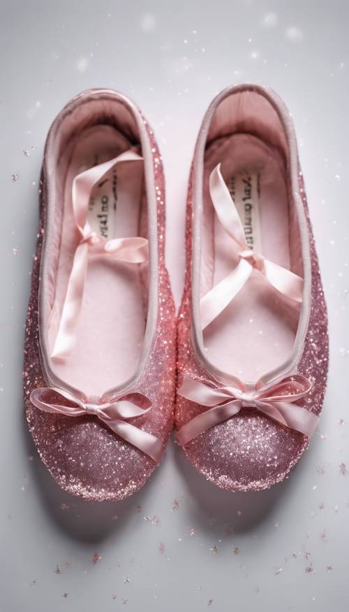 A pair of pink ballet shoes covered in fine glitter, resting on a white background.