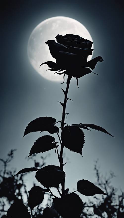 Una rosa nera isolata che fiorisce sotto la luna piena in un cimitero gotico.