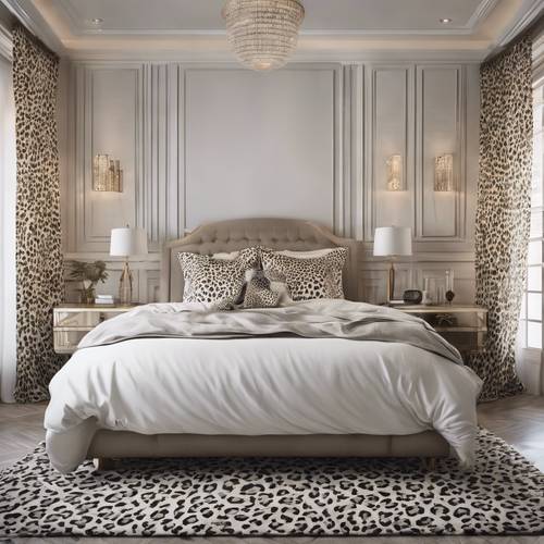 Phòng ngủ hiện đại có bộ khăn trải giường in hình da báo màu trắng và rèm cửa phù hợp.