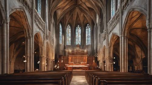 Loteng paduan suara tradisional di katedral megah, dipenuhi dengan suara himne yang harmonis.