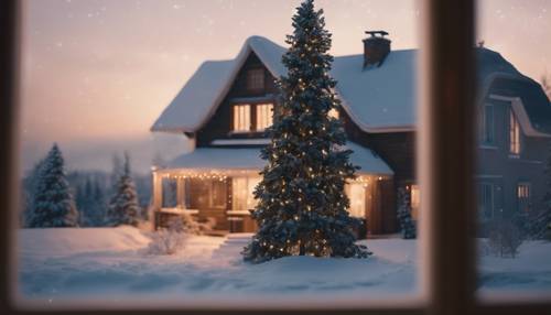 A warmly lit home with a Christmas tree flickering in the evening, a snowy landscape outside the window.