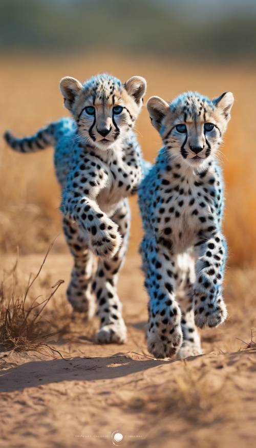 Several blue cheetah cubs practicing how to run in a vibrant orange savanna under a clear day.
