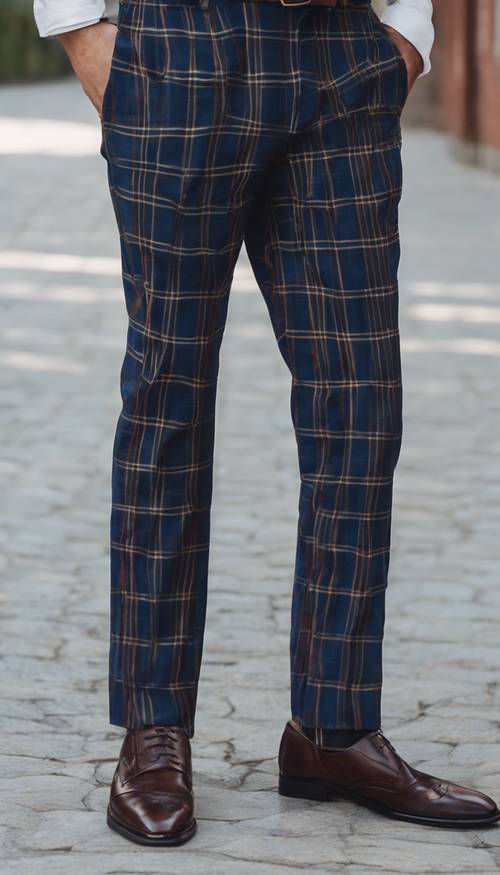 Vue rapprochée d&#39;un pantalon à carreaux bleu marine mettant en valeur ses coutures et son motif fins.