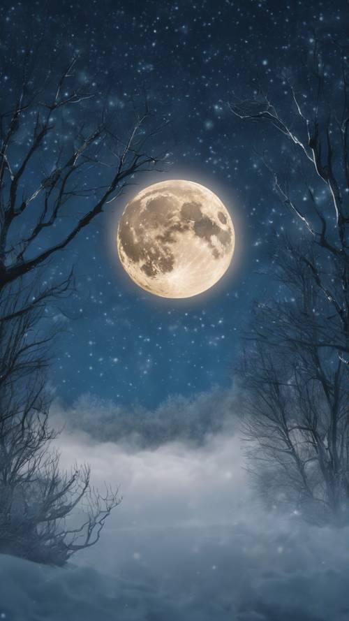 Błękitny księżyc świecący jasno, przecinający chmury w cichą zimową noc.