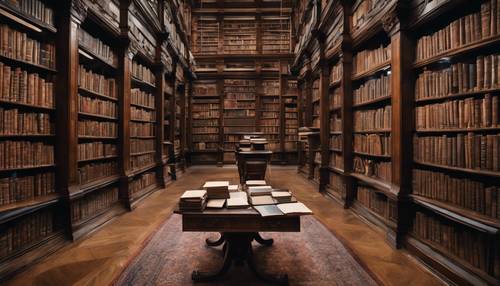 Старая библиотека, заполненная книгами и темными деревянными полками от пола до потолка.