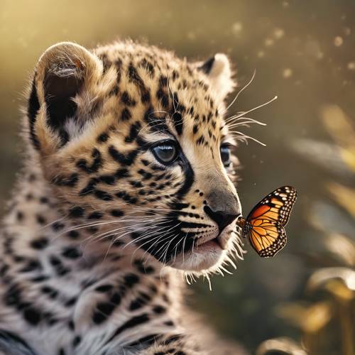 Ein liebenswertes Leopardenjunges mit einem Schmetterling auf seiner Nase.