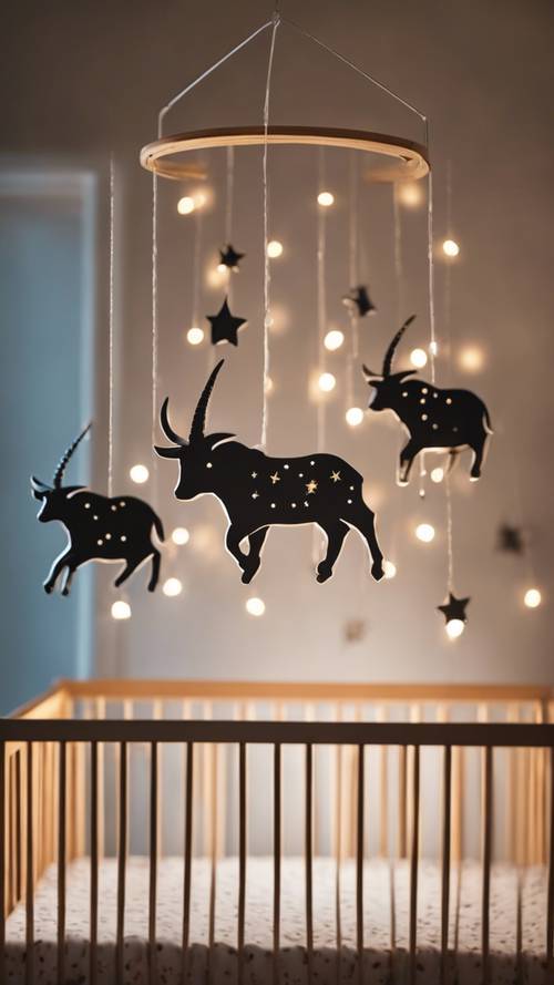 A Capricorn themed mobile hanging over a baby crib.