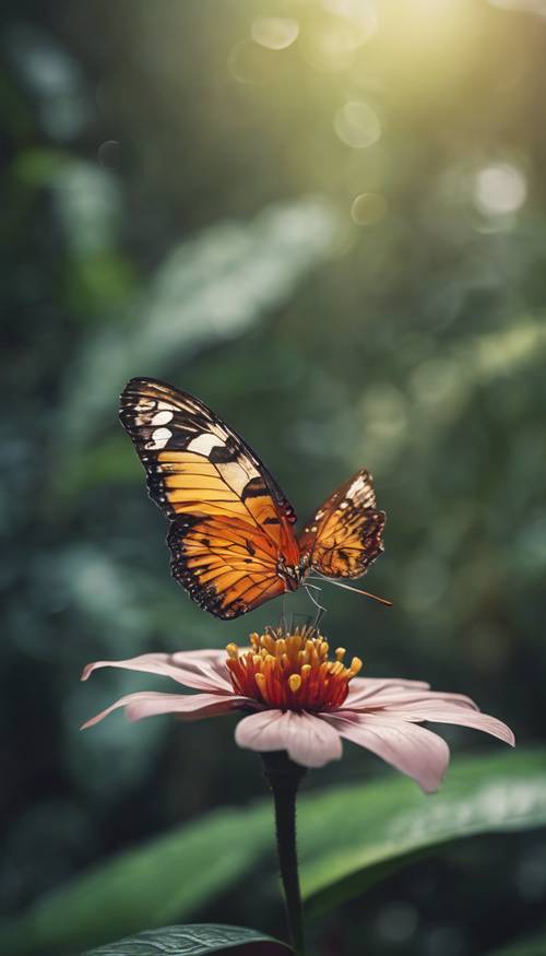 A delicate butterfly landing on a rare exotic flower in a tropical rainforest.