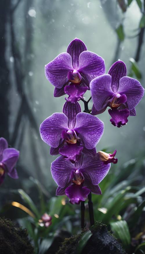 一群鲜艳的紫色兰花在雾气弥漫的雨林环境中茁壮成长。