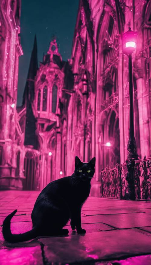 Um gato preto com olhos rosa neon em um cenário gótico.