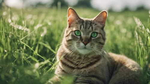 Eine Katze mit kristallklaren grünen Augen sitzt majestätisch auf einer kühlen grünen Graswiese.
