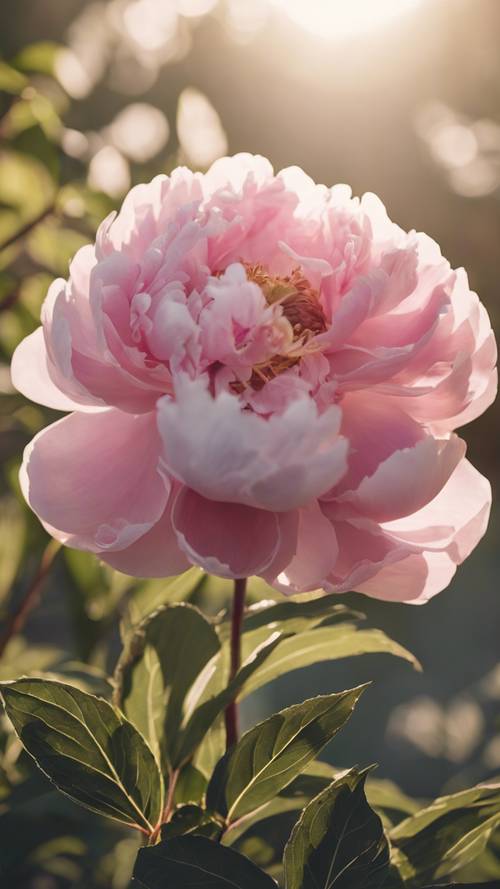 A close-up view of a solitary pink peony under the soft morning sunlight.