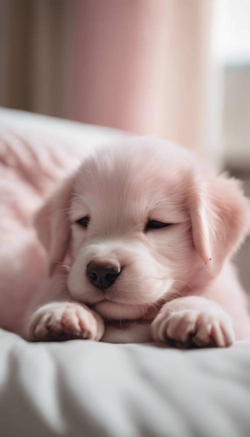 Seekor anak anjing berwarna merah muda lembut sedang tidur nyenyak di kamar tidur yang elegan.