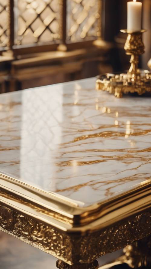 An antique table made of polished gold marble