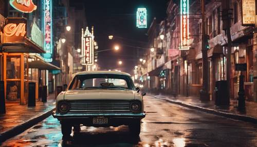 מכונית בודדת נוסעת ברחוב עירוני איקוני המואר בעמודי תאורה וינטג&#39; ושלטי ניאון של בתי קפה בשעות הלילה המאוחרות.