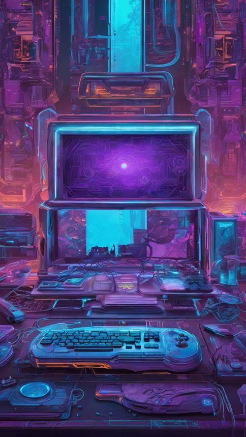 这是一款具有未来感的赛博朋克主题游戏机，在昏暗的灯光下，其复杂的图案会发出霓虹蓝和紫色的光芒。